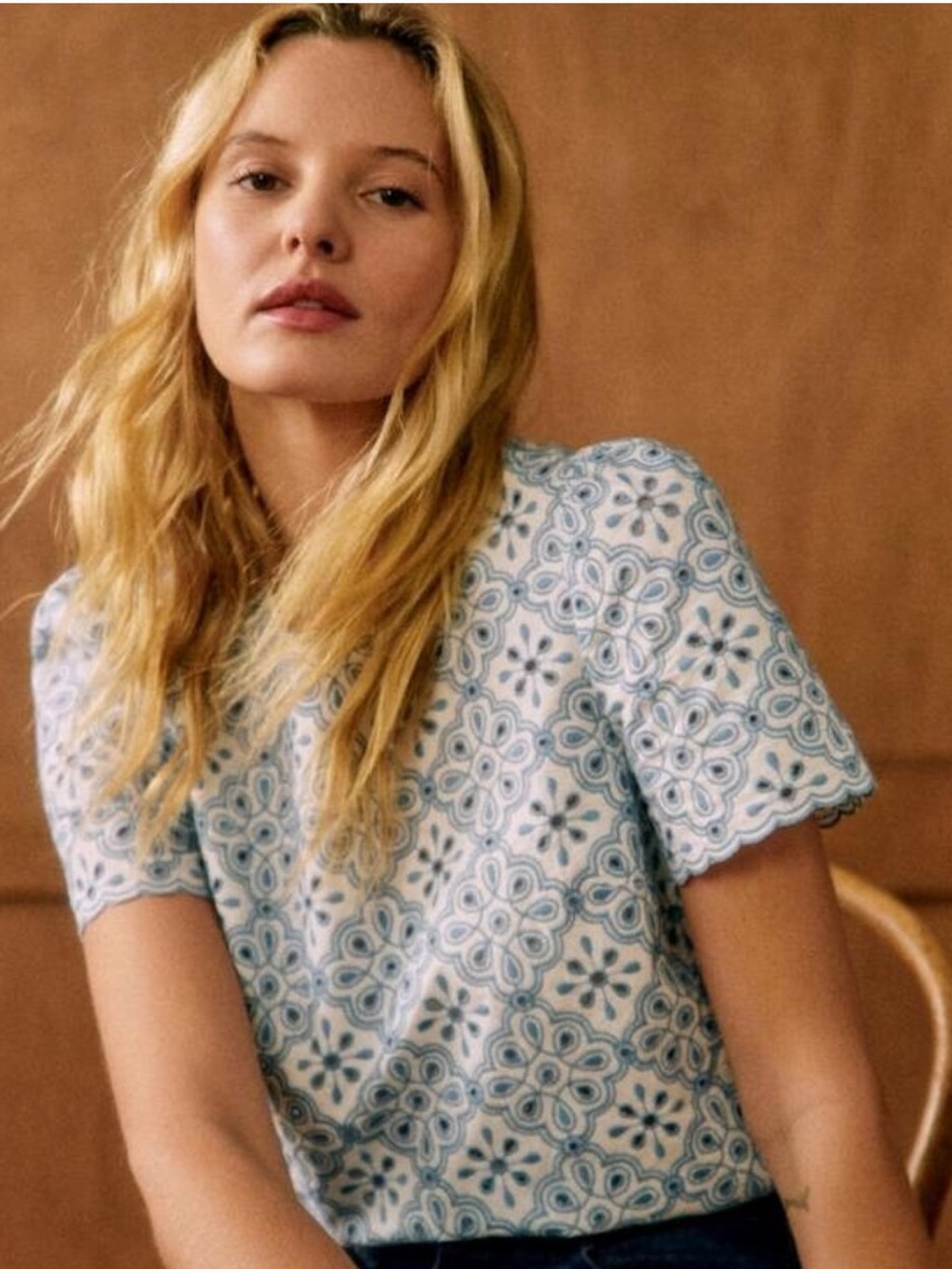 Sezane Annabelle Blouse Contrasted Embroidery Ecru Vintage Blue Size 34 / US 2 - Picture 2 of 13